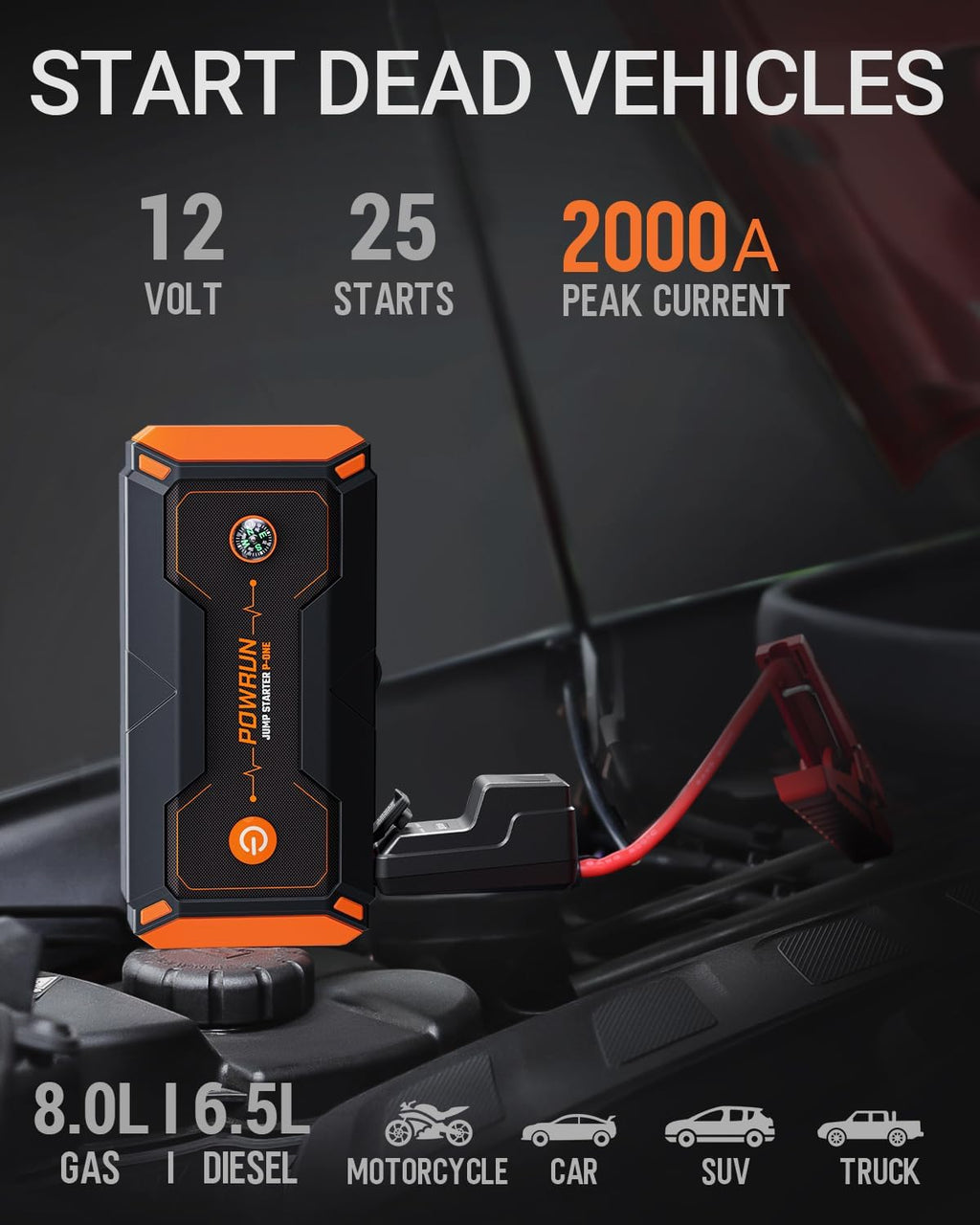 P-ONE Jump Starter, 2000A Portable Jump Box - Car Jump Starter Battery Pack for up to 8.0L Gas and 6.5L Diesel