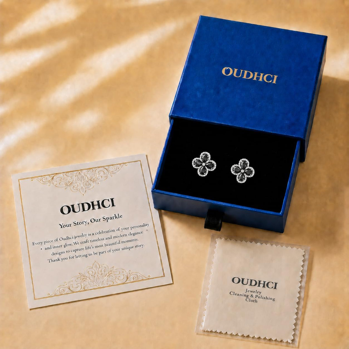 Clover Earrings for Women, CZ Four Leaf Clover Studs, 18K Gold Plated Brass | Elegant Gold Plated Clover Design