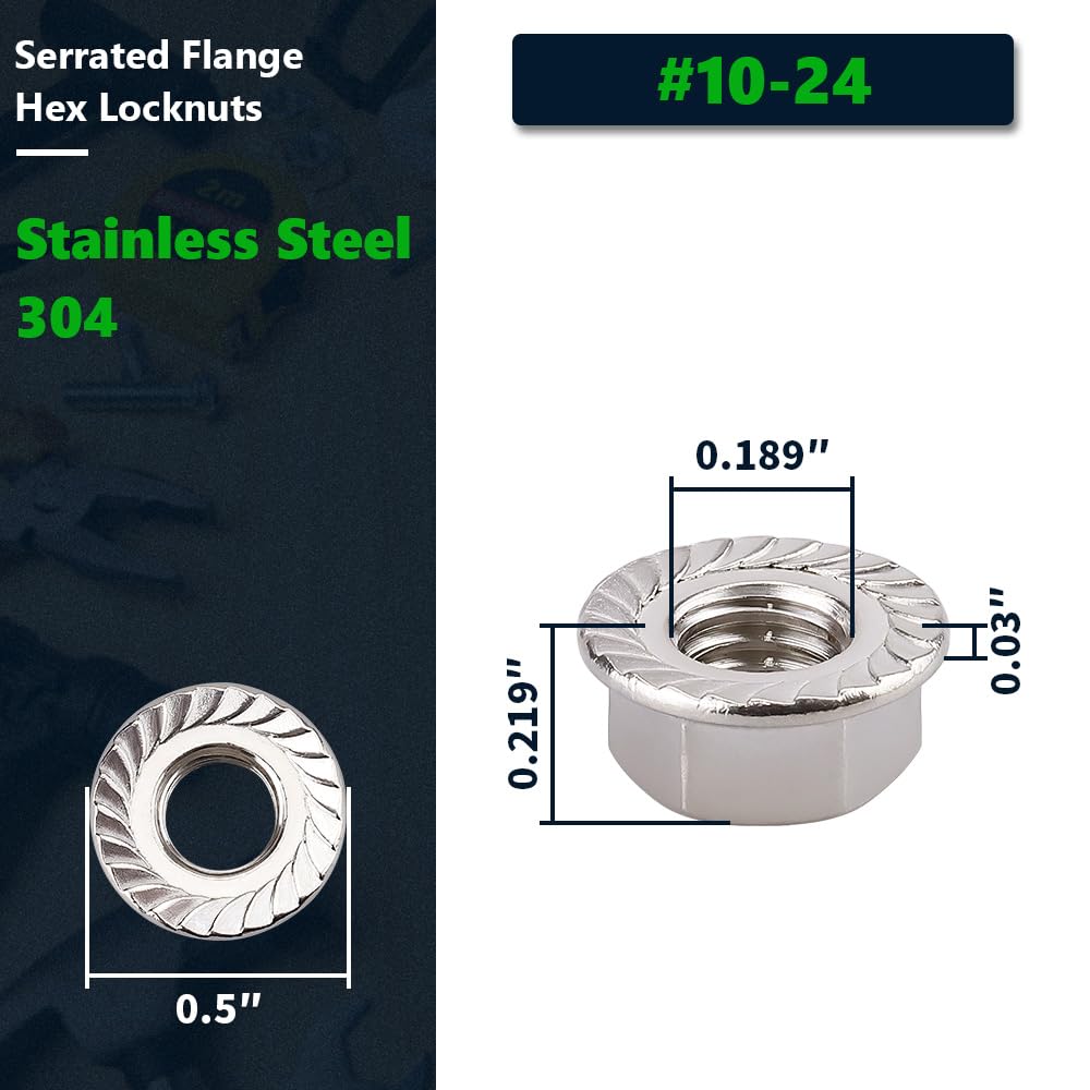 #10-24 (100 Pack) Serrated Flange Hex Nuts, 304 Stainless Steel 18/8 Flange Nuts, UNC Coarse Thread Hex Locknuts