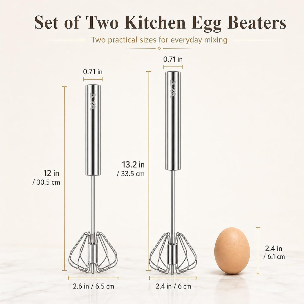 Stainless Steel Semi-automatic Egg Whisk, 2 Pack 7.9in & 11.8in Hand Push Mini Whisk, Effortless Egg Scrambler for