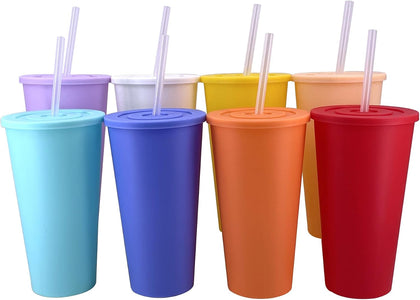 24 oz Cup with Lid Straw set of 8, Reusable Plastic Tumbler Vibrant | Coffee, BPA Free, Food Grade PP, Leak-Proof
