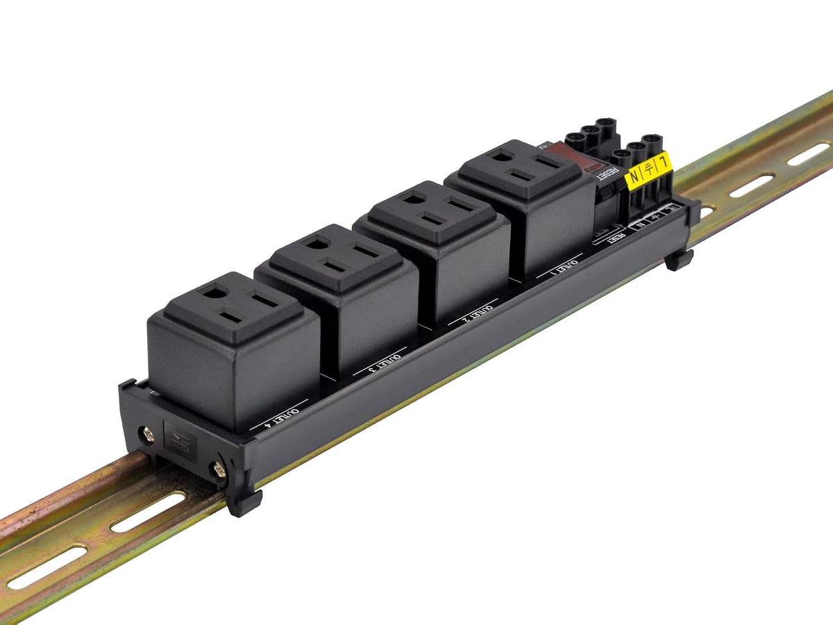 DIN Rail Mount AC 120V NEMA 5-15R 4 Receptacles Outlet Power Strip Module, with Rocker Switch Thermal Circuit Breaker Overload Protector