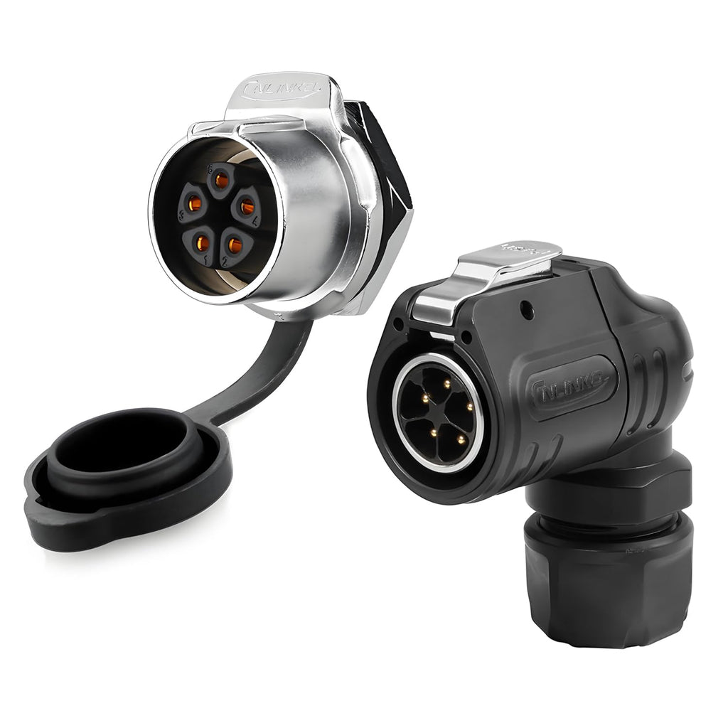 CNLINKO LP-20 5 Pin 90° Angle Waterproof Connector Electrical Power Plug Threaded Panel Mount Socket for Industrial Use