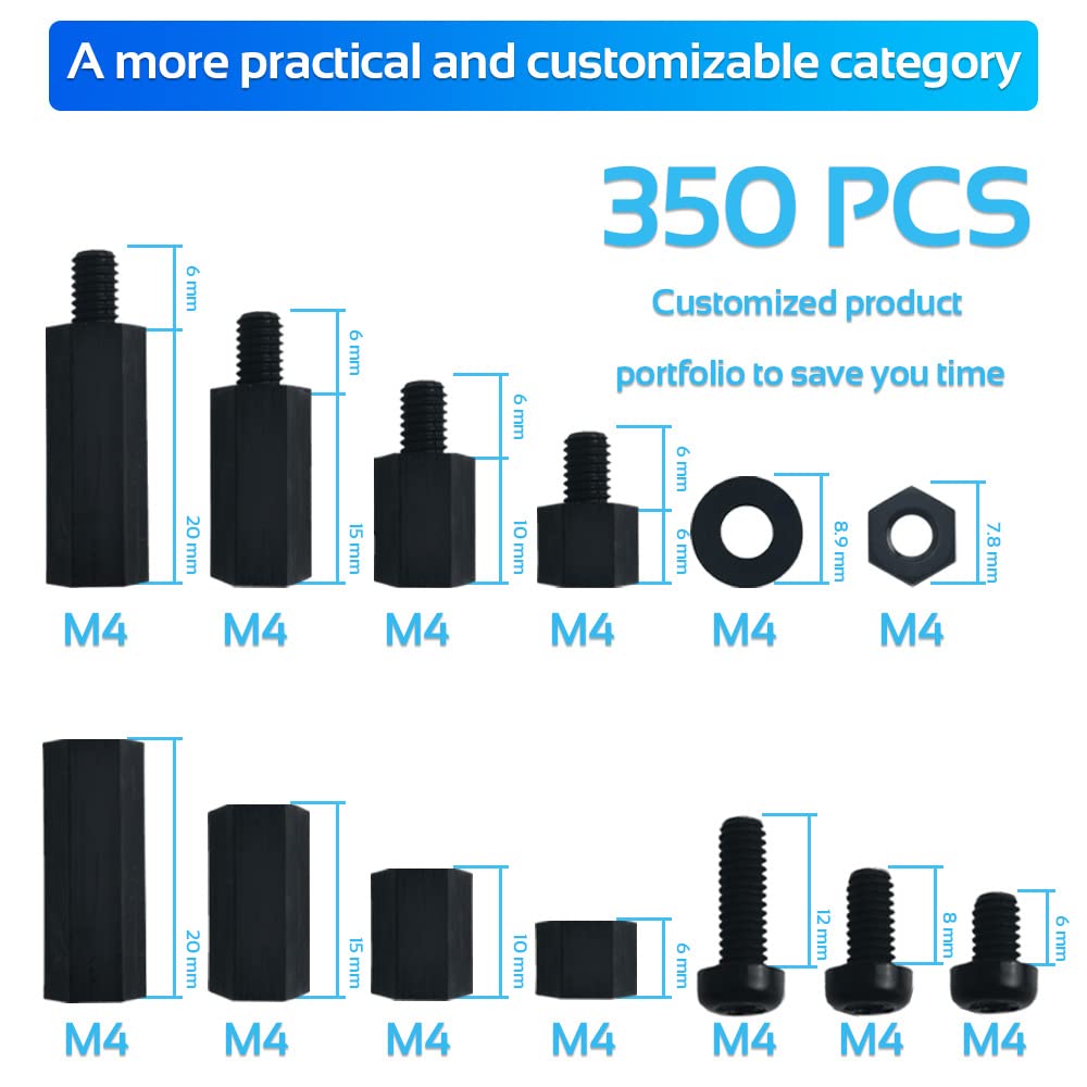 350PCS M2.5 Black Male Female Nylon Hex Spacer Standoff Screw Nut Set Assortment Kit (Black) for PCB Motherboard Circuit Board, Raspberry Pi and Hats