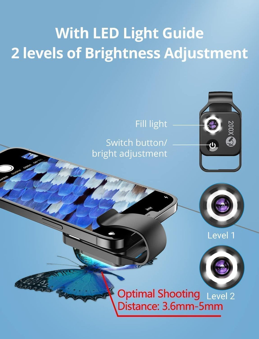 200X Phone Microscope Lens, Nano Zoom Phone Micro Lens for iPhone Android with LED Light CPL Universal Clip, Nanozoom