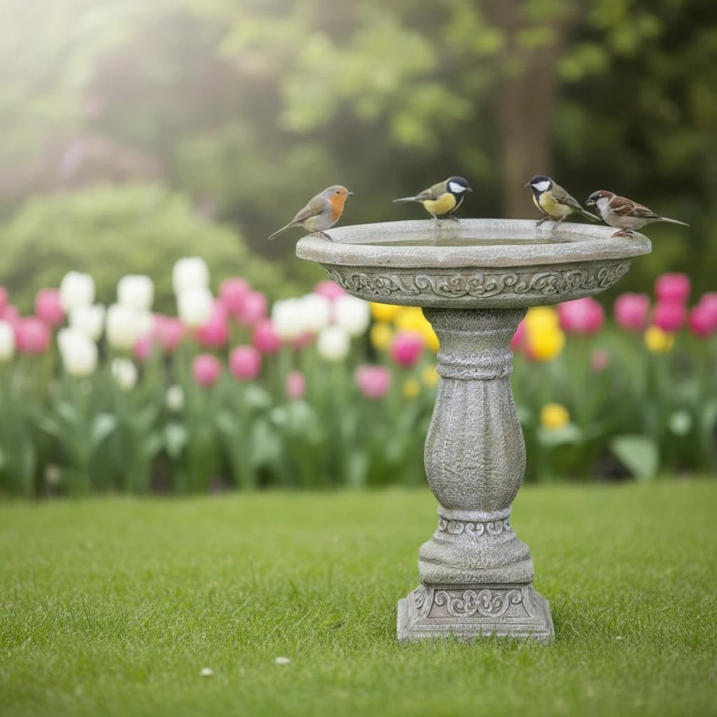 23.8 Inch High Concrete Bird Bath with Carved Pedestal – Birdbath Sturdy & Elegant Design, Stone-Like Texture
