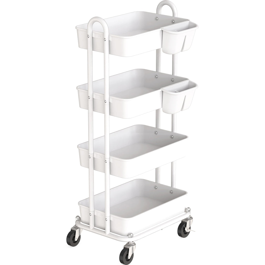 4-Tier Rolling Utility Cart with Hanging Bucket, White
