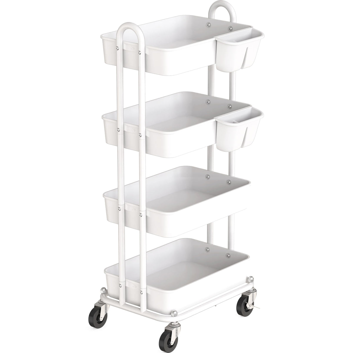 4-Tier Rolling Utility Cart with Hanging Bucket, White