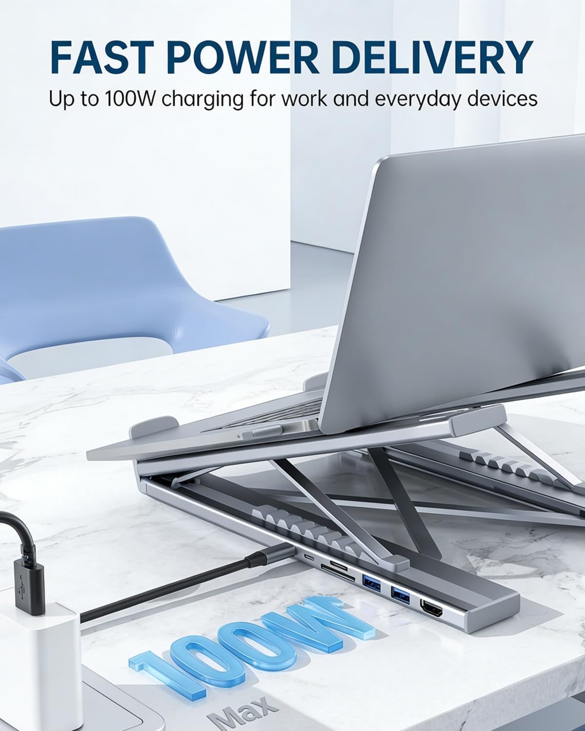 USB C Laptop Stand with Docking Station,8 in 1 Hub Laptop Stand Foldable Computer Riser with 4K HDMIPD 100W Dual Data
