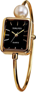 Pearl Bangle Watch for Women, Gold Bracelet Watch with Square Easy Read Dial, Dainty Elegant Cuff Watch for Women