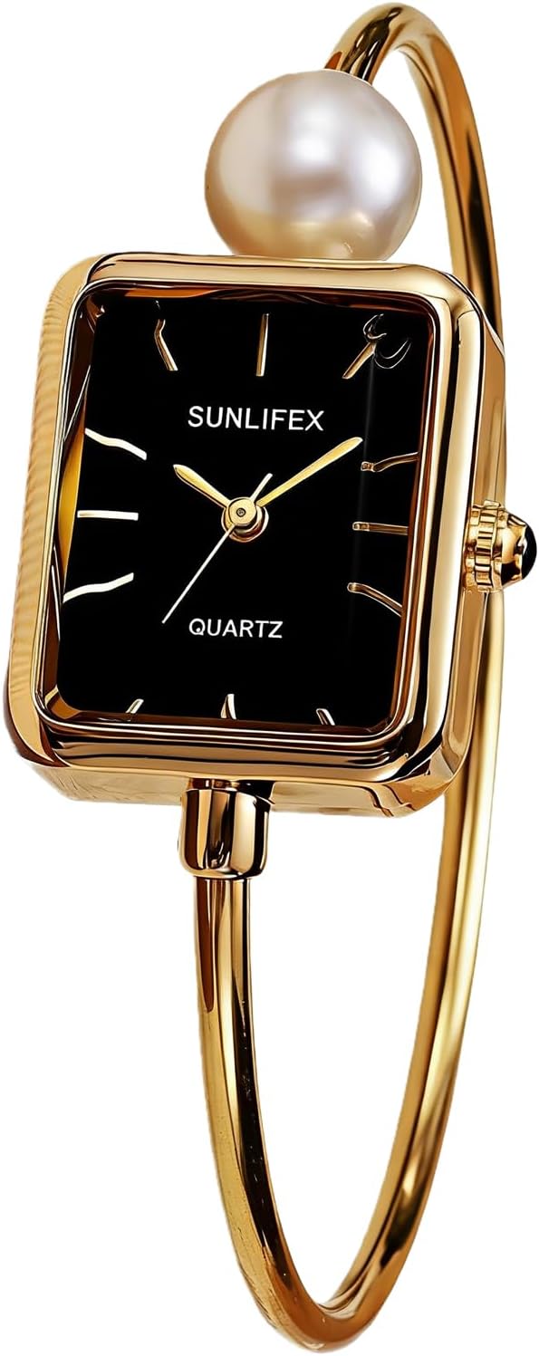 Pearl Bangle Watch for Women, Gold Bracelet Watch with Square Easy Read Dial, Dainty Elegant Cuff Watch for Women