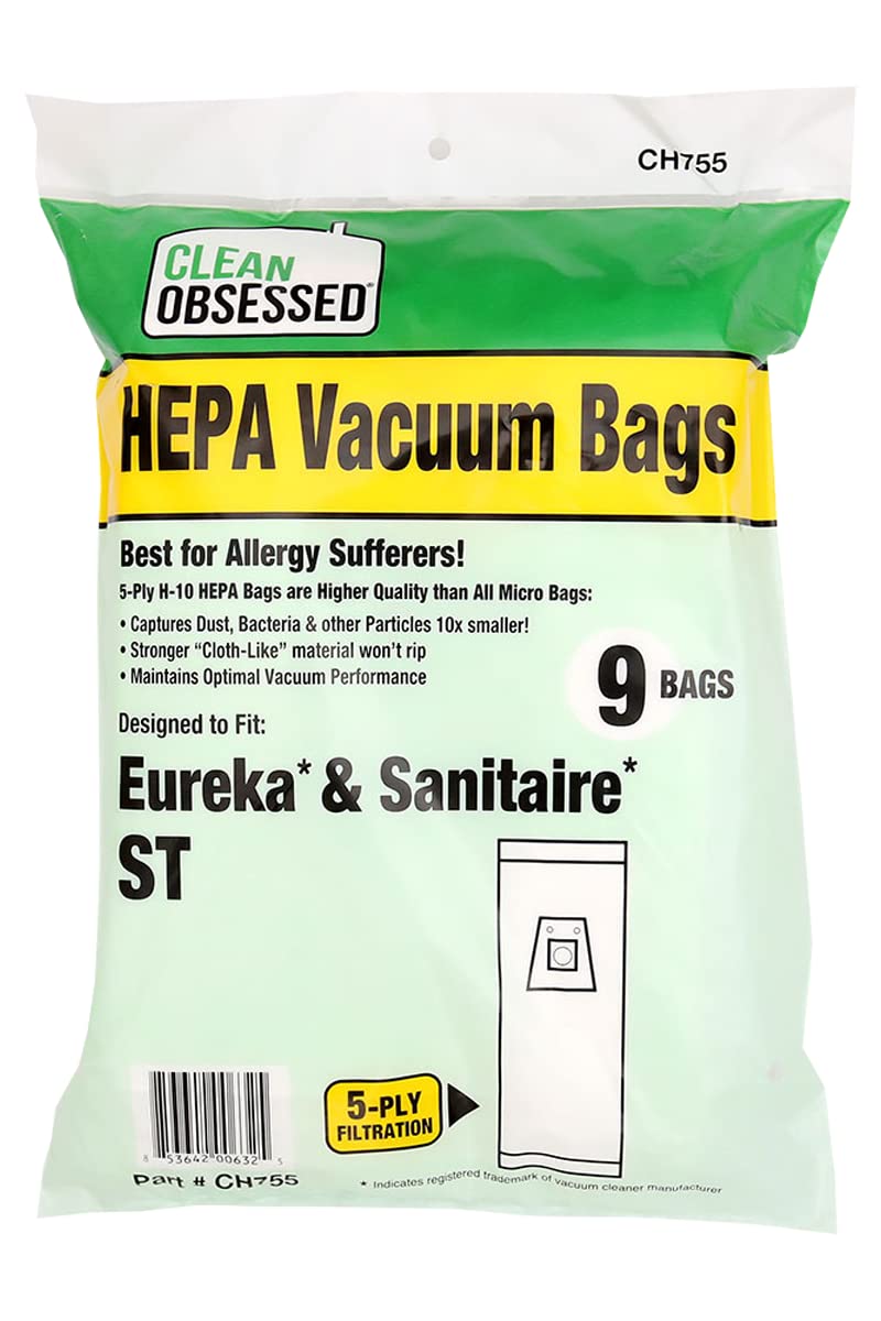 Clean Obsessed H-10 HEPA Bags Fits Eureka & Sanitaire Type ST (9 Bag Pack)