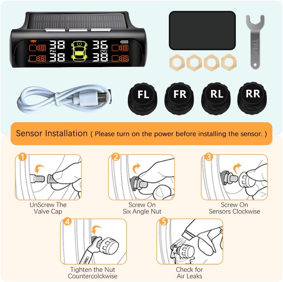 Tire Pressure Monitoring System - TPMS Tire Pressure Monitor System with Solar Charger, TPMS with 4 External sensors