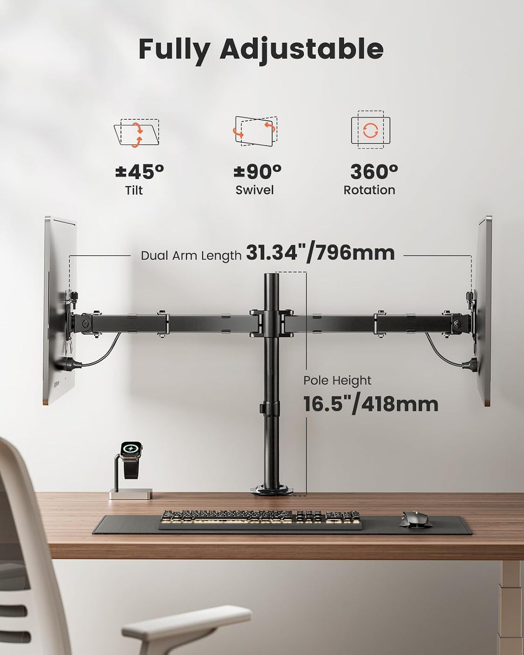 Dual Monitor Stand, Heavy Duty Adjustable Monitor Desk Mount for 2 Screens up to 32 Inches, Fully Adjustable Height