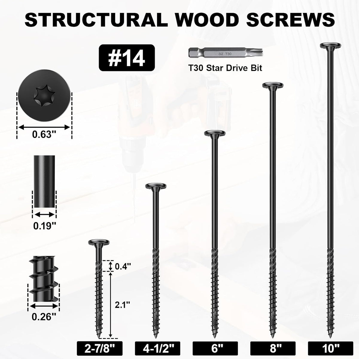 #14 Heavy-Duty Wood Screws (2-7/8 Inch,50Pcs,Black)