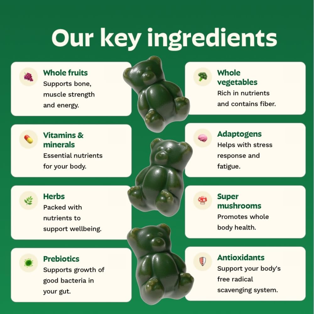 Gruns Adults Super Greens Gummies, Multivitamin Superfood Gummy Bears, Spirulina, Chlorella, Prebiotics & Fiber