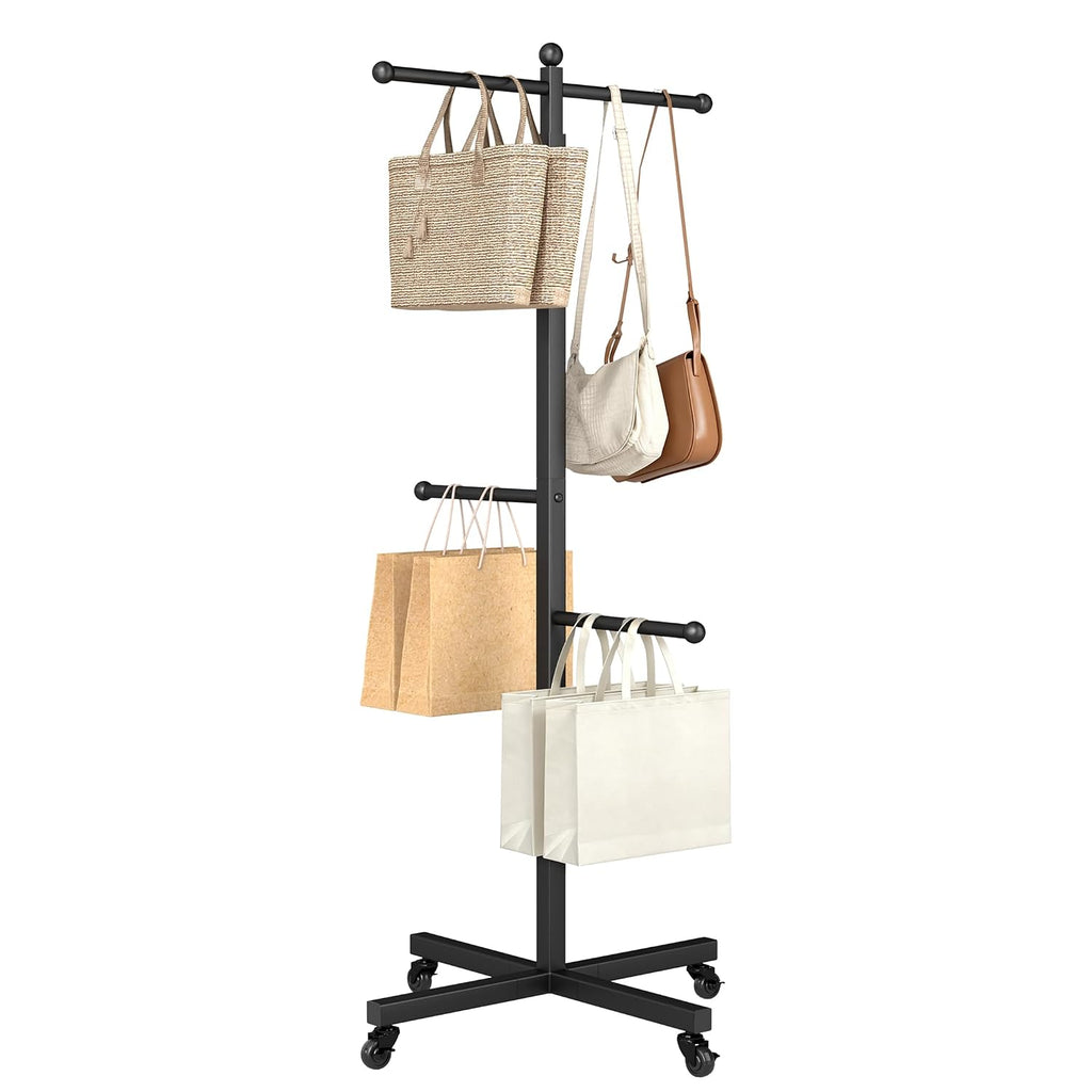 Bag Rack Stand with Wheels, 46-59" Adjustable Shopping Bag Rack, Black