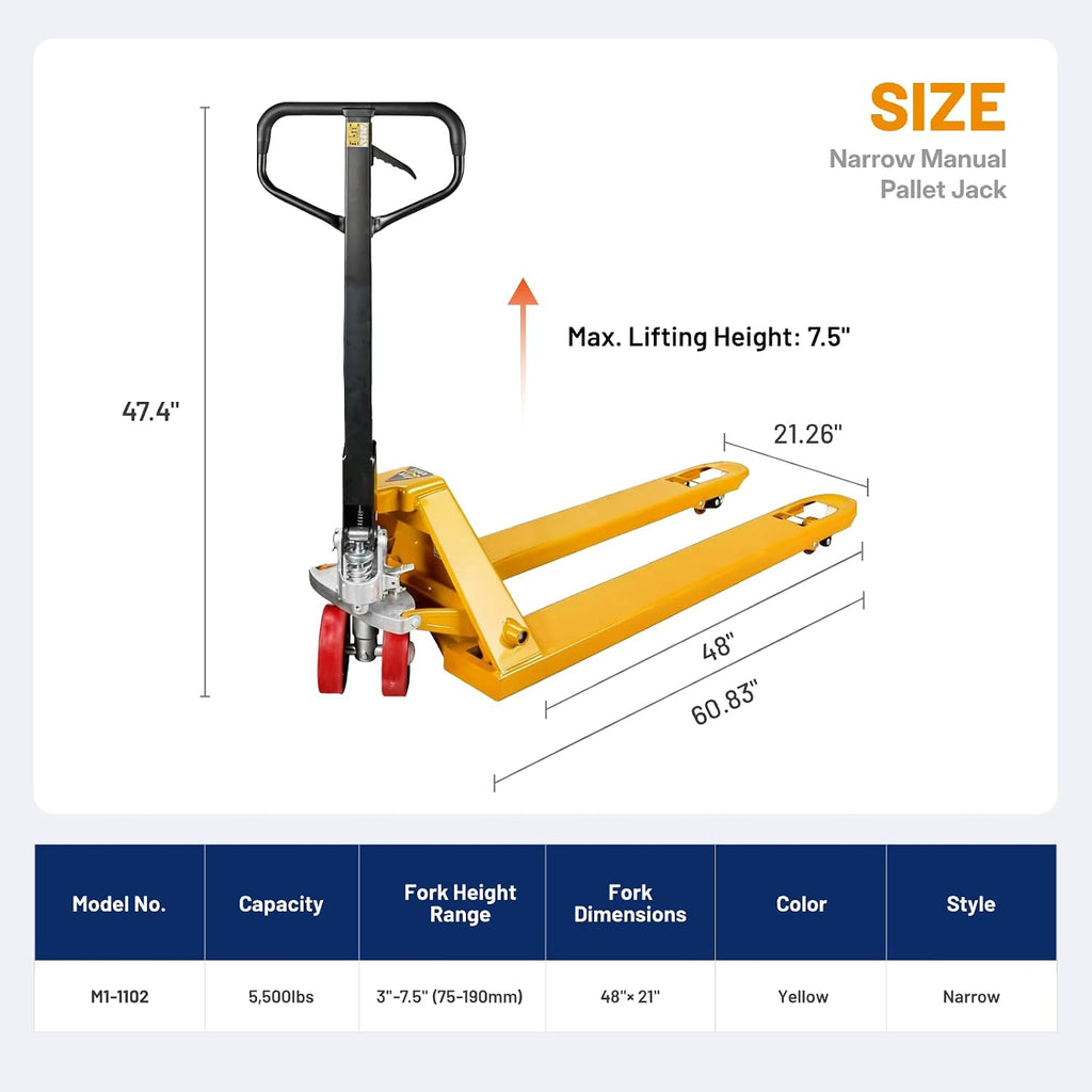 Manual Pallet Jack – Narrow Heavy Duty Truck Lift, 5500 lbs Capacity, 48" L x 21" W Forks, Durable PU Wheels for