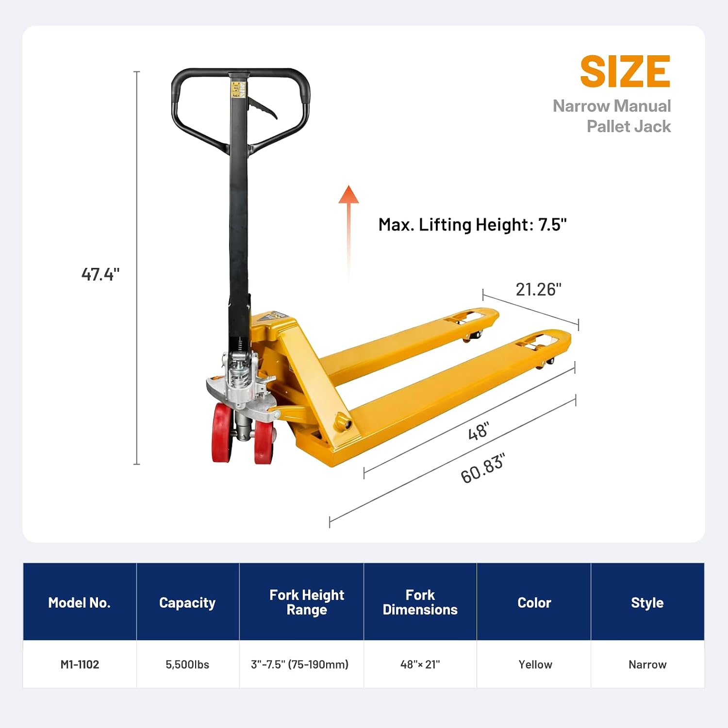 Manual Pallet Jack – Narrow Heavy Duty Truck Lift, 5500 lbs Capacity, 48" L x 21" W Forks, Durable PU Wheels for