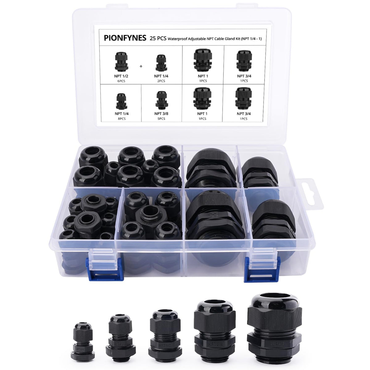 25PCS Cable Gland 3-25mm Waterproof Adjustable 1/4'', 3/8'', 1/2'', 3/4'', 1'' NPT Cable Gland Joints with Gaskets
