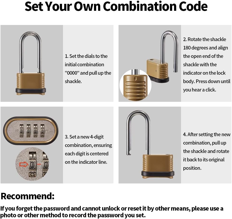 Heavy Duty Combination Lock, 4-Digit Combo Lock with Long Shackle,Weatherproof Combination Padlock for Outdoor Use,4
