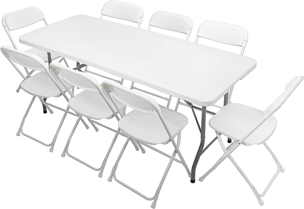 6 FT Plastic Folding Table Set with 8 White Folding Chairs for Picnic, Event, Training, Outdoor Activities, at Home