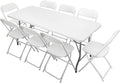 6 FT Plastic Folding Table Set with 8 White Folding Chairs for Picnic, Event, Training, Outdoor Activities, at Home