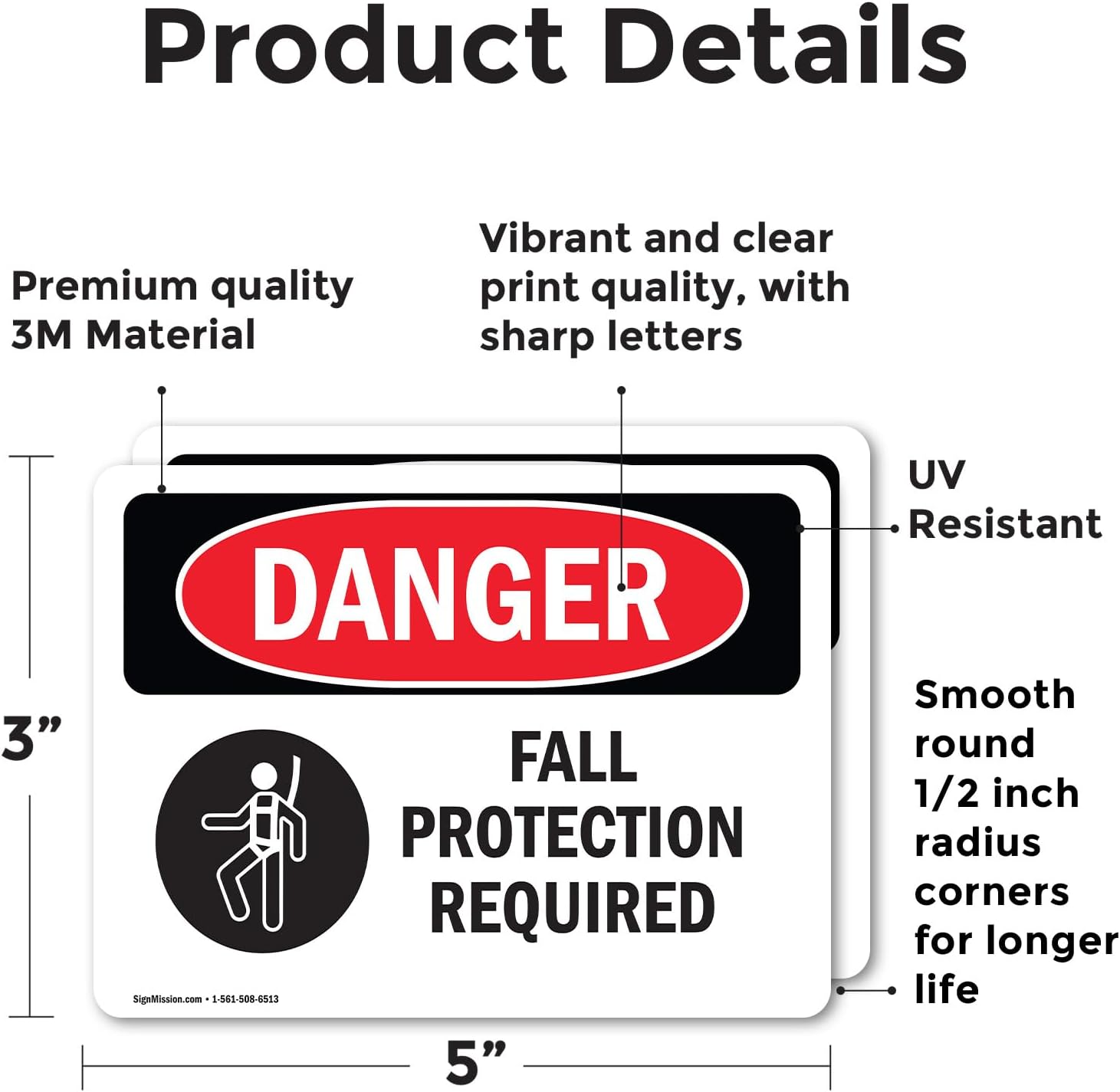 (2 Pack) Fall Protection Required OSHA Danger Sign 5 Inch X 3.5 Inch Vinyl Label Decal Sticker Weather Resistant, UV