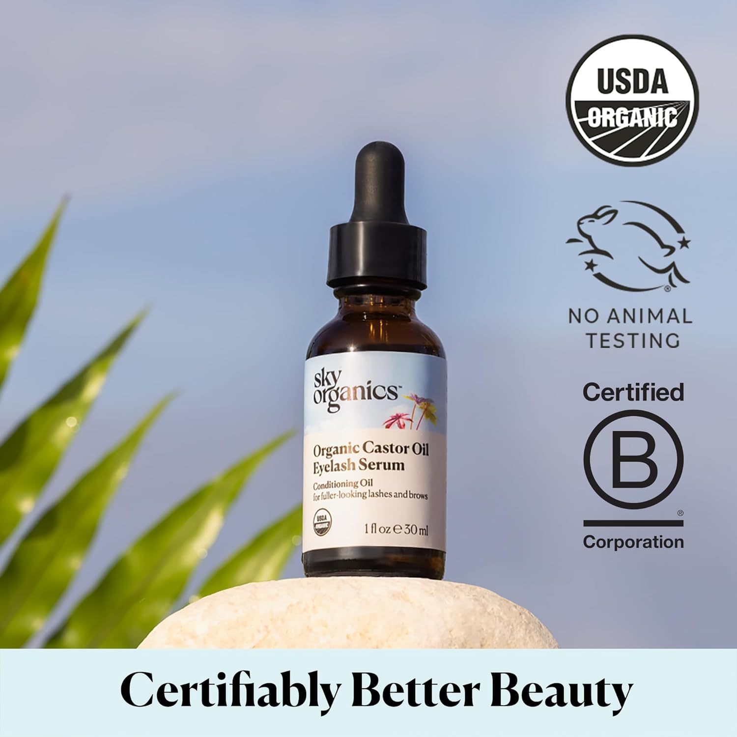 USDA Organic Castor Oil Eyelash Serum 1 fl oz, Glass Bottle | Fuller-looking lashes & brows. Conditioning hair oil.