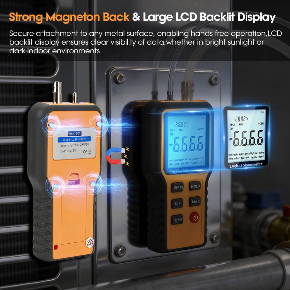 Manometer, Dual-Port Digital Manometer HVAC, Gas Pressure Tester