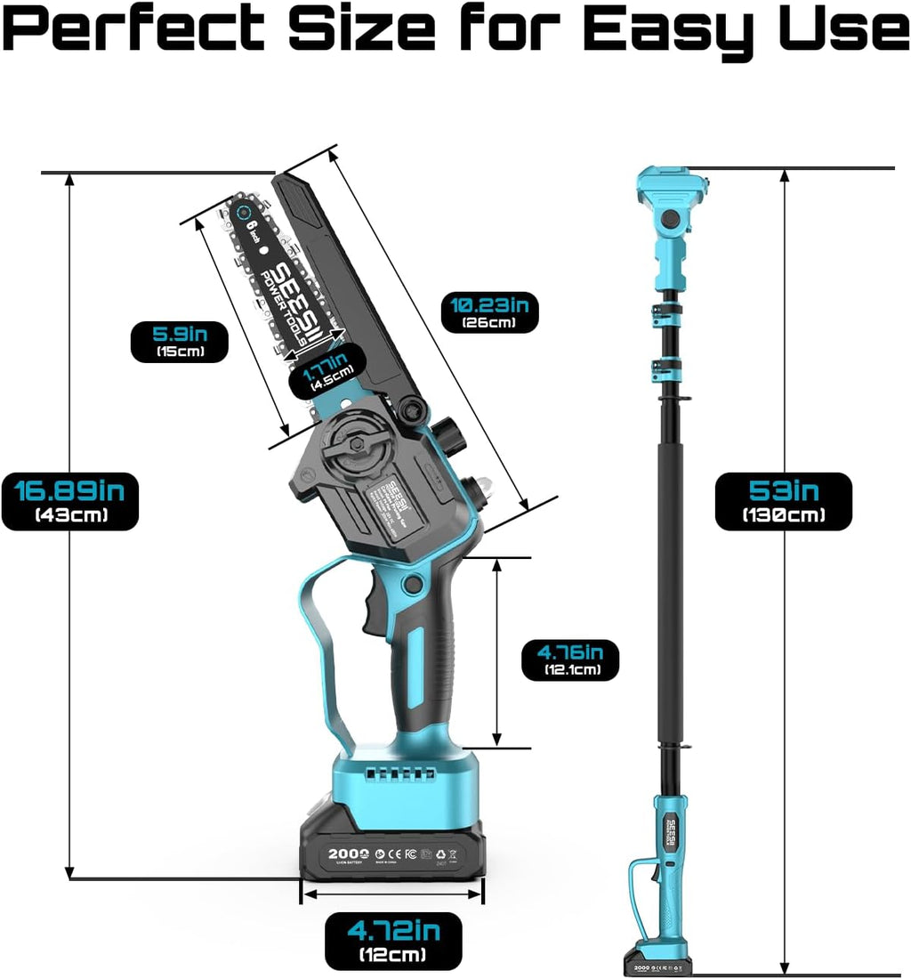 2-in-1 Electric Pole Saws for Tree Trimming | Cordless Mini Chain Saw 6-Inch with Extension Pole for Pruning, Wood