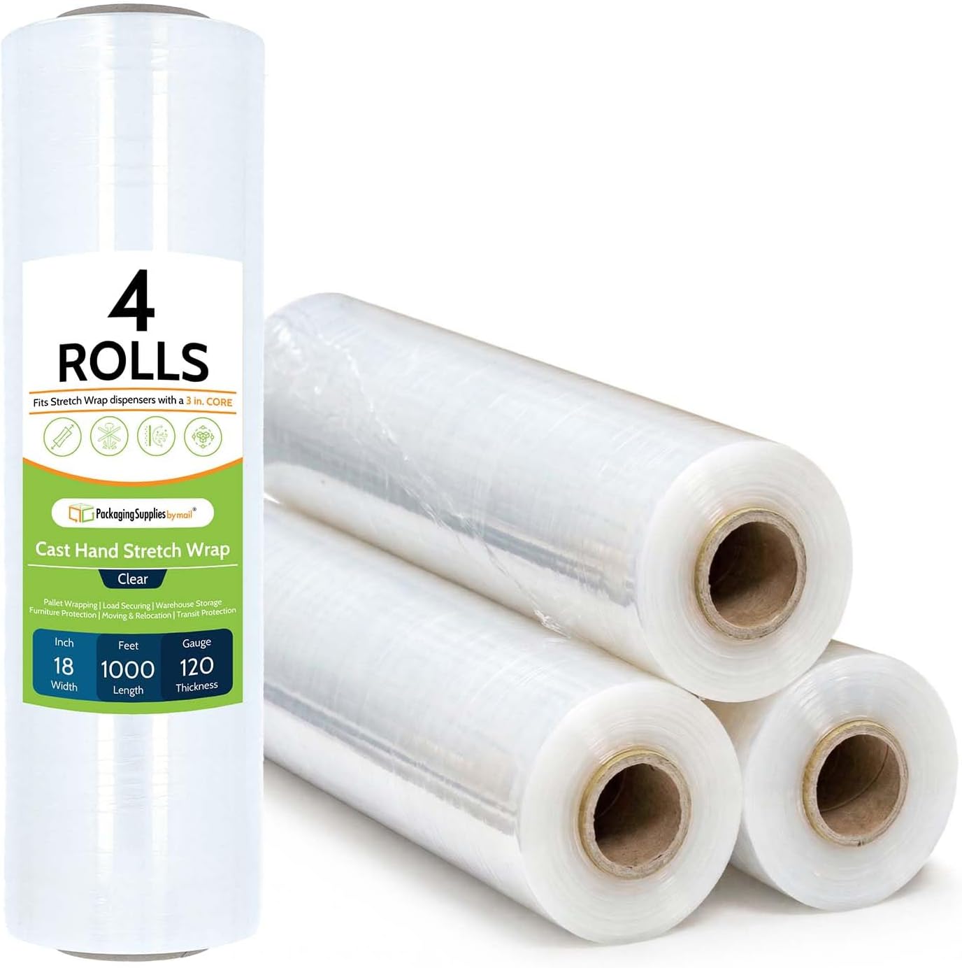 PSBM Cast Hand Plastic Stretch Wrap/Shrink Film 18" x 1000Ft 120 GA 4 Rolls | Heavy Duty up to 800% Ultimate Stretch