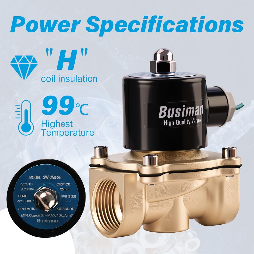 Electric Solenoid Valve 1" 110V AC Brass Normally Closed - Compatible with Water, Air, Diesel, Gas - Replaceable VITON Seal - Compact Direct Acting