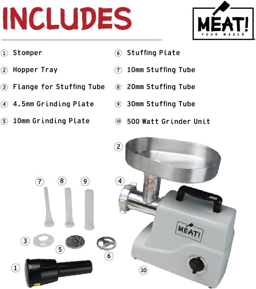 MEAT! 500 Watt Pro-Grade Meat Grinder #12 with Electric Motor, Coarse and Fine Grinding Plates, Stuffing Tubes