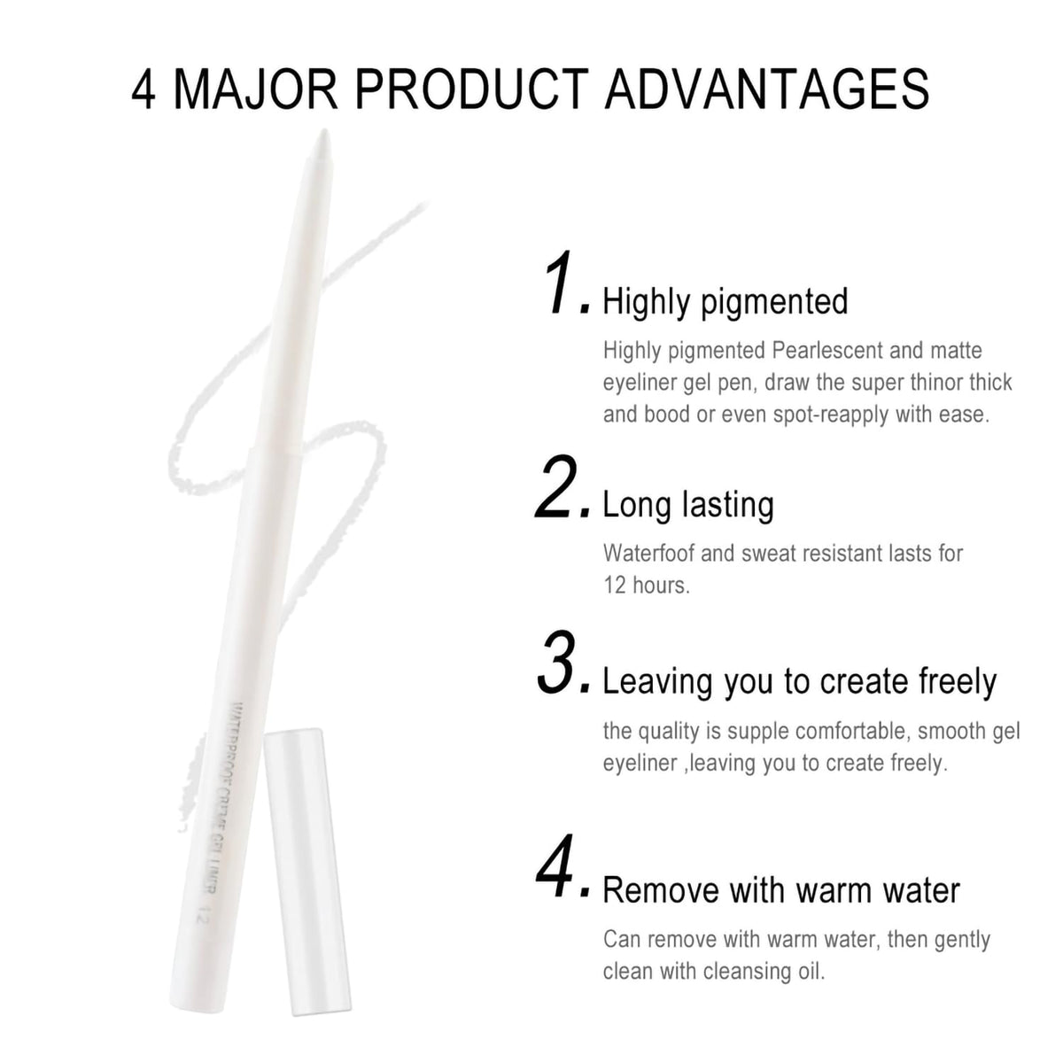 Retractable White Eyeliner Pencil - Creamy, Pigmented, Smudge-Proof Eye Liner Pen