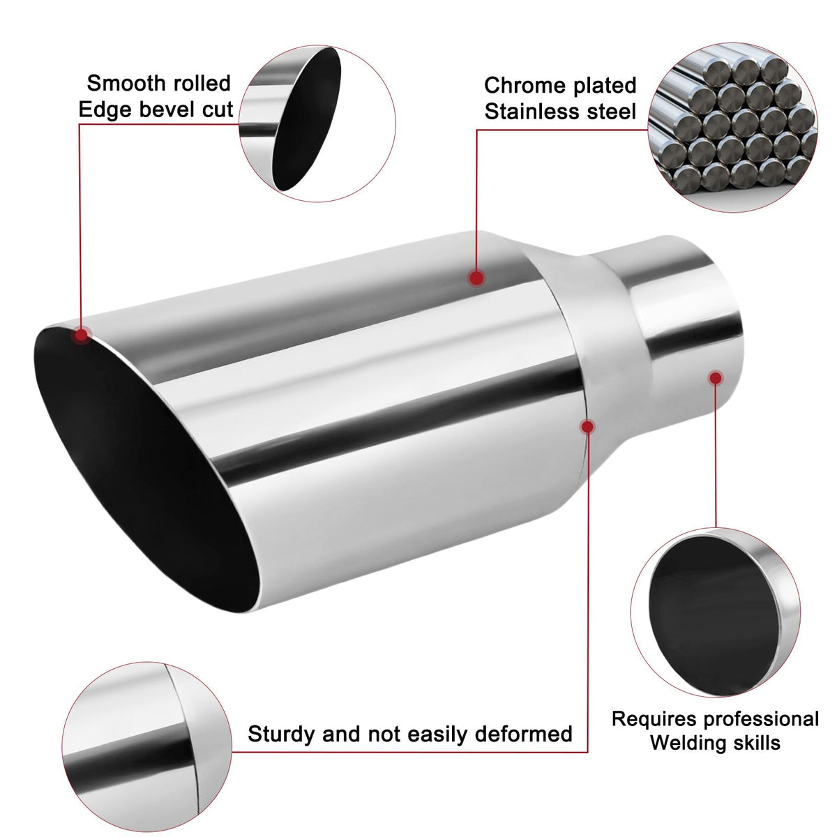 2pcs 2.5"Inlet Weld-On Exhaust Tip, 4" Outlet 9" Length