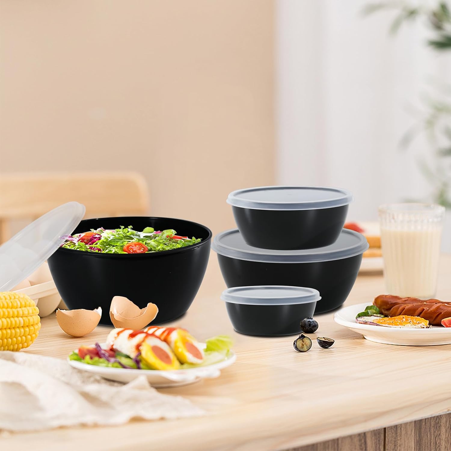 4-Piece Classic Plastic Prep Bowls with Lids, Nesting Plastic Small Mixing Bowl Set for Mixing, Baking, Prepping