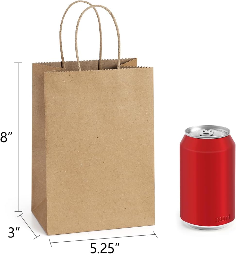 Gift Bags with Handles 5.25x3x8 Inch Brown 50 Pack Bulk