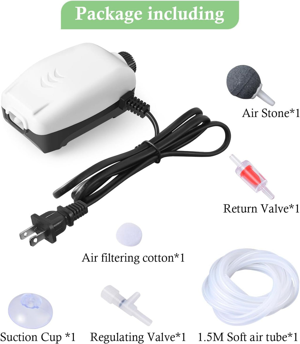 Upgraded 2W Adjustable Single Outlet Aquarium Air Pump, 44GPH Mini Quiet Fish Tank Aerator with Accessories, Oxygen