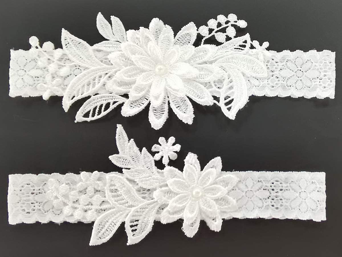 Wedding Garters for Bride Daisy Lace Bridal Garter Hand Sewn Faux Pearls Garter Set 2 Pieces