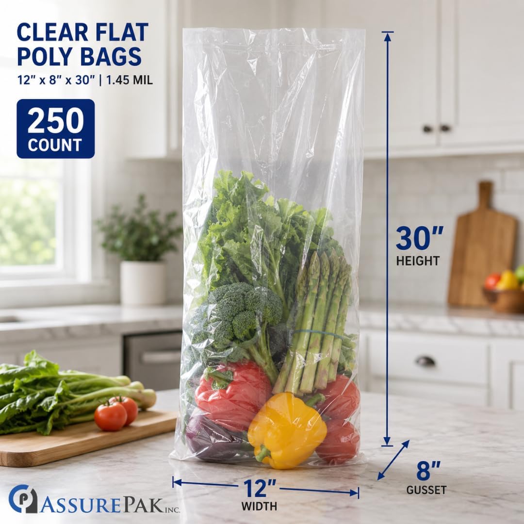 Clear Flat Poly Bags, 12" x 8" x 30", 1.45 Mil, 250 Count