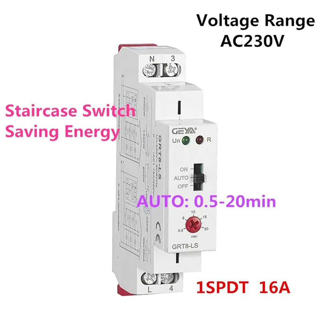 GEYA Staircase Switch Lighting Timer Switch 230VAC 16A Delay Off Relay Light Switch 0.5-20mins Din Rail (GRT8-LS,AC230V)