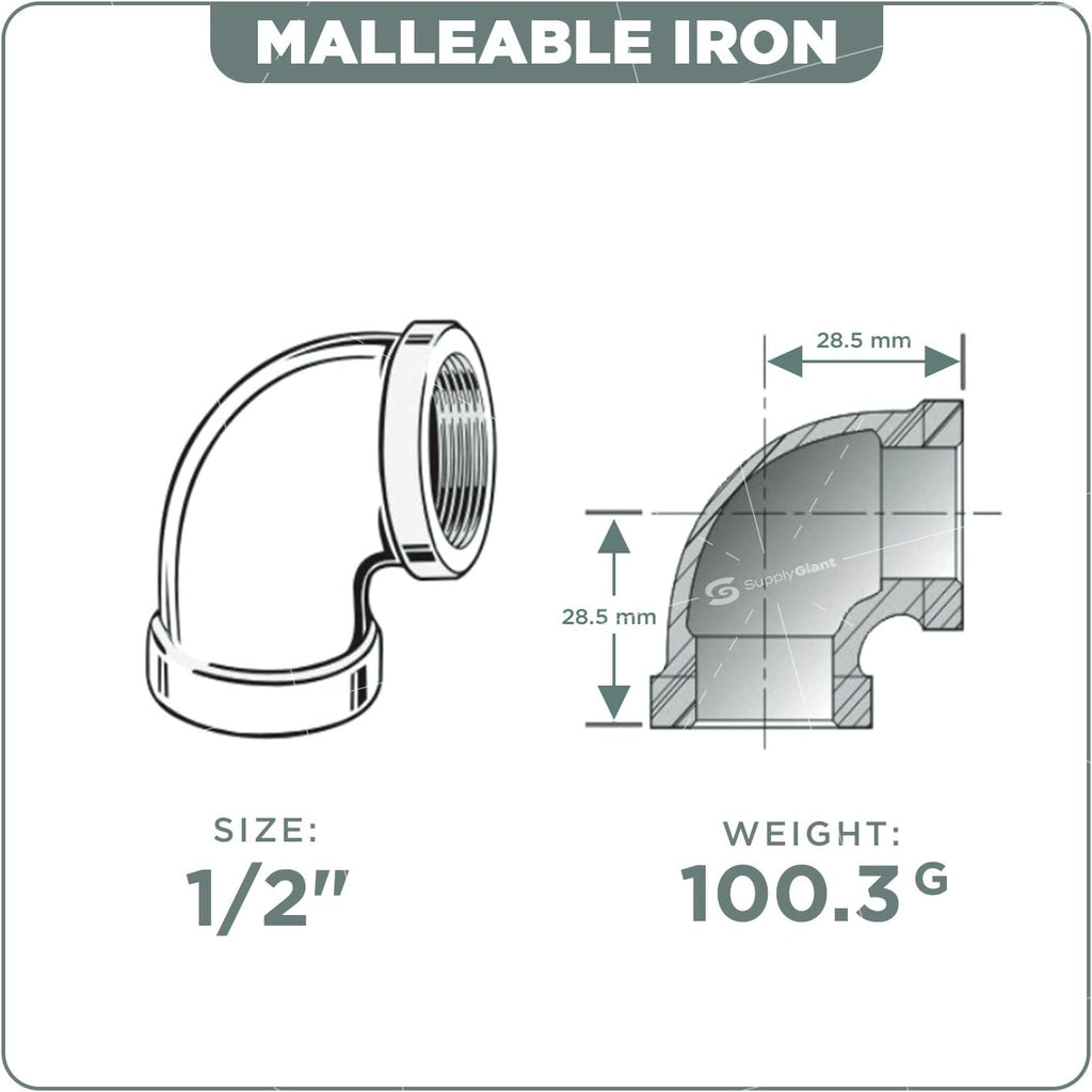 SUPPLYGIANT GMNL0012-10, 1/2 Inch 90 Degree Elbow, Malleable Iron Threaded Pipe Fitting, Galvanized (Pack Of 10)