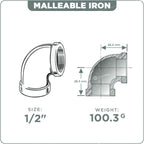SUPPLYGIANT GMNL0012-10, 1/2 Inch 90 Degree Elbow, Malleable Iron Threaded Pipe Fitting, Galvanized (Pack Of 10)