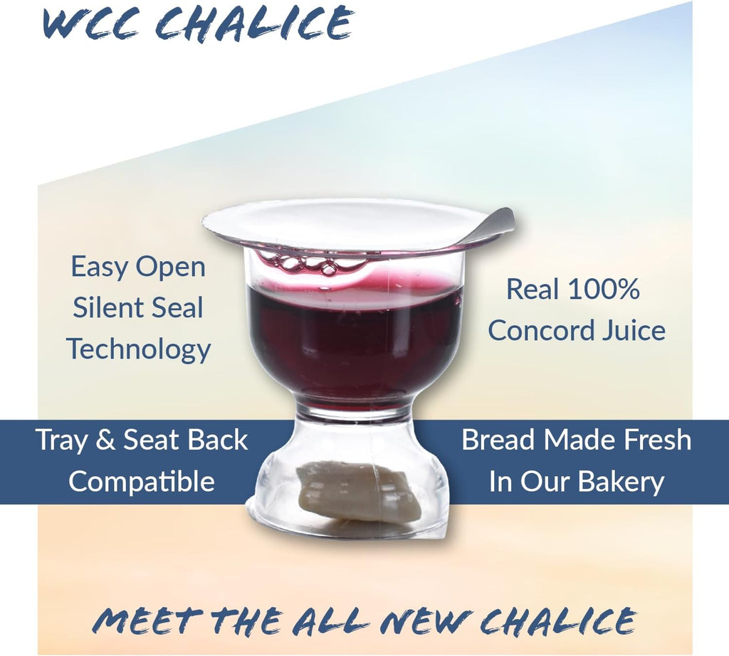 Chalice Prefilled Communion Cups 100 Count | Concord Grape Juice & Bread | Elegant Church-Ready Design | Tray &
