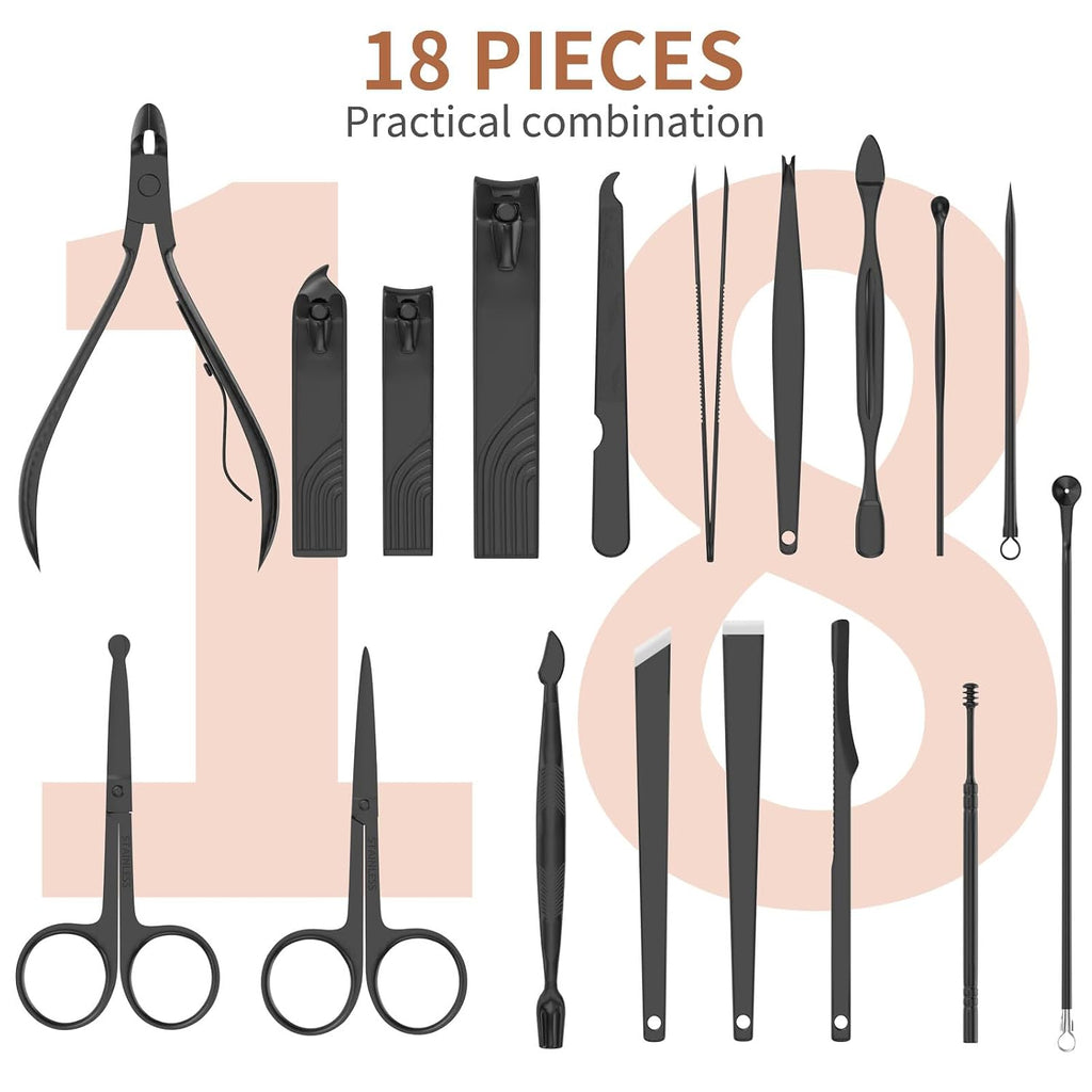 Nail Clippers Manicure Pedicure Set 18 in 1 Nail Grooming Kit with Leather Travel Case(Black/Pink)