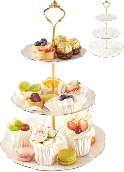 Luxury Porcelain 3-Tier Cupcake Stand Tower, British Style Serving Tray with Golden Trim, Food Grade Dessert Display