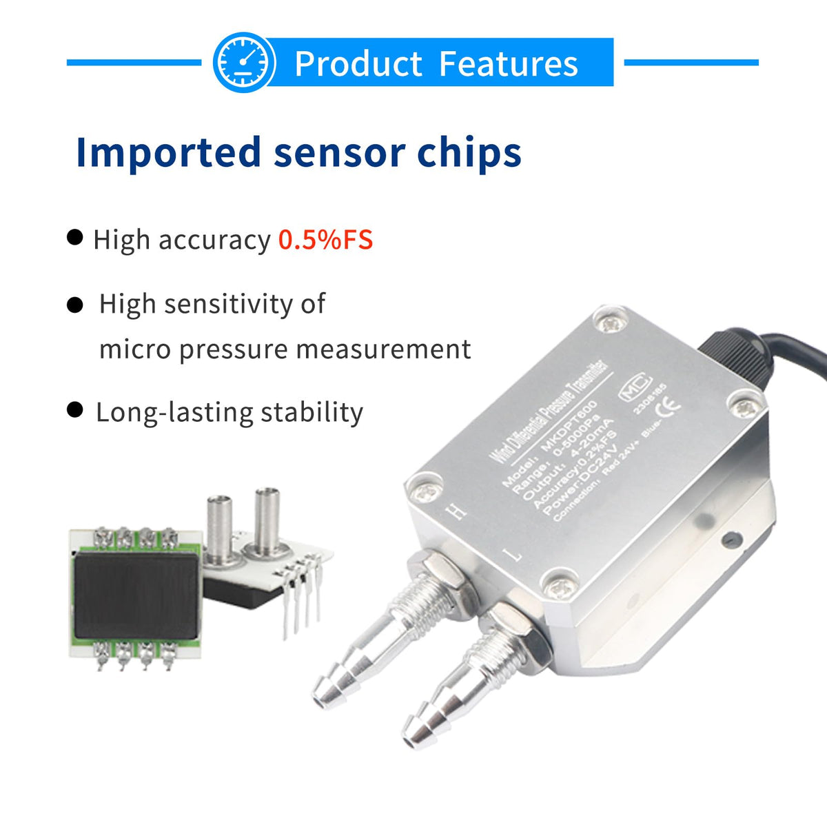 PoBaKra Air Differential Pressure Transmitters Dry Wind Difference Pressure Sensor 4-20mA Difference Pressure Gauges