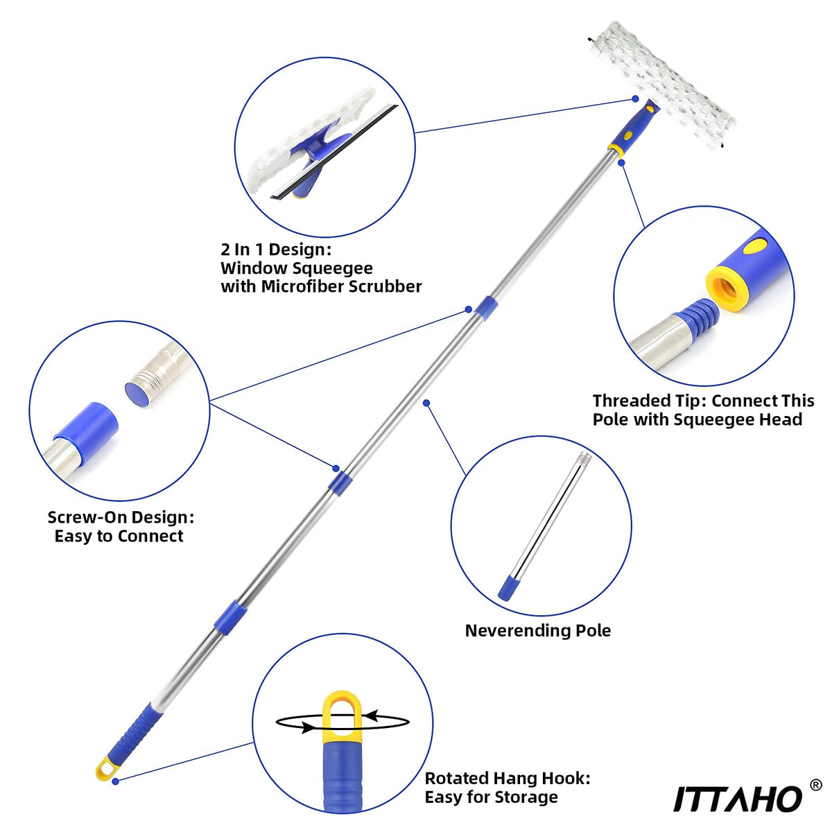 60" Window Squeegee Cleaner 2 in 1 Window Cleaning Tool Kit Window Washing Kit with Extension Pole for Shower Glass