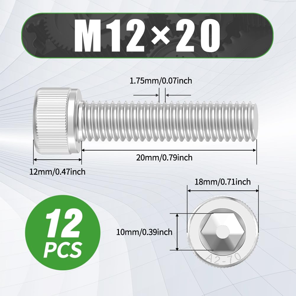 12 Pcs M12 x 20mm Hex Socket Cap Head Screws Bolts - 304 Stainless Steel